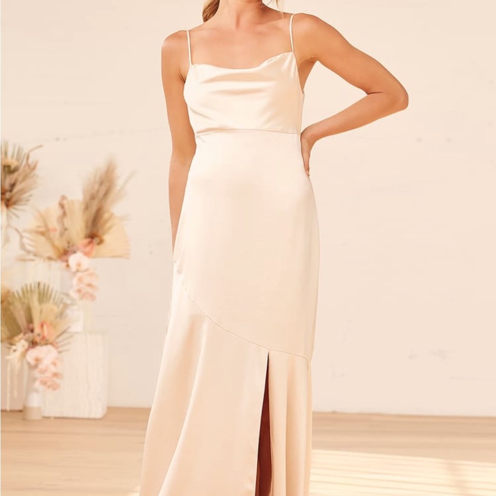 COPY - Moment in the Spotlight Champagne Satin Cowl Neck Maxi Dress